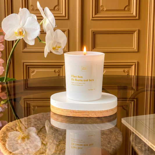 Bougie Fiat Lux Neo Keri, cire d'église recyclée parfum Agrumes et Sauge, coulée main Bretagne