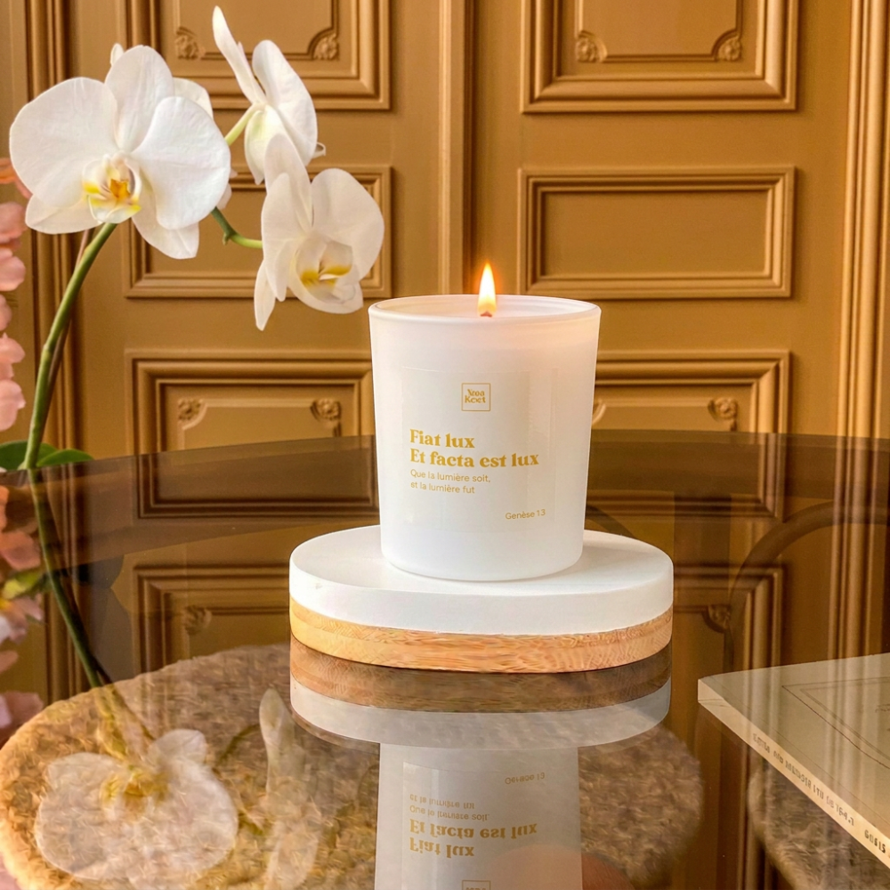 Bougie Fiat Lux Neo Keri, cire d'église recyclée parfum Agrumes et Sauge, coulée main Bretagne